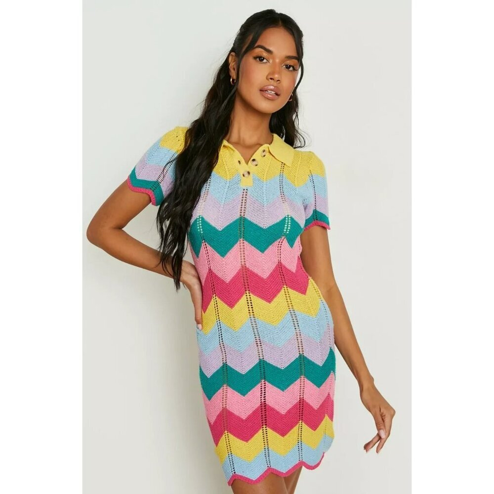 Boo Hoo Women's Small Rainbow Crochet Scallop Hem Knitted Dress